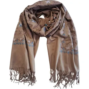 Šátek Dámská kašmírová šála s vyšívanými květinami DF4170 písková velikost uni