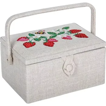Organizér galanterie Střední košík na krejčovské a pletací potřeby s výšivkou na víku - Jahody (Sewing box : M : Embroidery: Strawberry )