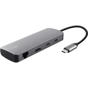 TRUST Dokovací stanice DALYX USB-C, 8v1, HDMI, RJ45, 2xUSB-C, 2xUSB-A, microSD/SD karta, šedá