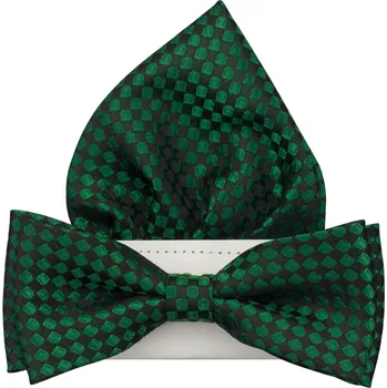 Motýlek Tmavě zelený pánský motýlek s černými čtverečky včetně kapesníčku