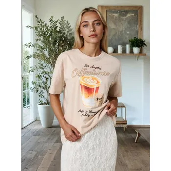 Dámské tričko Sinsay - Bavlněná košilka s potiskem - béžová - 126HA-02X - 126HA-02X-XL