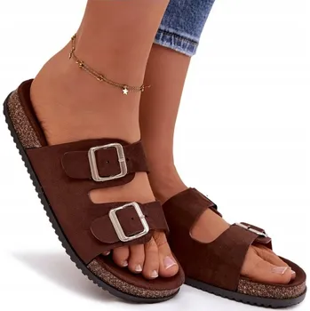 Dámské pantofle NAZOUVÁKY DÁMSKÉ PANTOFLE S PŘEZKAMI KLASICKÉ ČOKOLÁDOVÉ 38