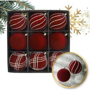 Vánoční dekorace Sada 9 sametových vánočních koulí v moderní vínové barvě