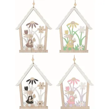 Vánoční dekorace ANDĚL Domek se zaječicí dřevěný 13,5 x 17 x 0,5 cm na zavěšení