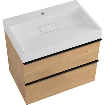 Koupelnový nábytek CERANO - Koupelnová skříňka Velora - dub medový - úchytka černá + umyvadlo s otvorem pro baterii z litého mramoru Vita - bílá matná - 70x53x46 cm
