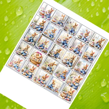 Jedlá dekorace na dort Zajíci v okně – jarní velikonoční motiv – jedlý tisk kostičky 4 × 4 cm (25 ks) Fondánový list (NEVYŘEZÁNO)