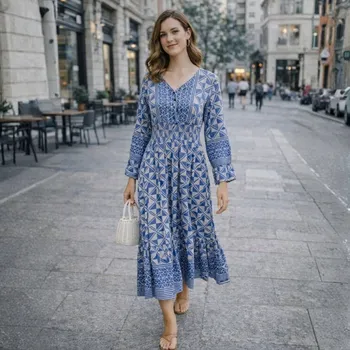 Dámské šaty Šaty dámské Italské Boho Midi Modré Italské s výstřihem do V velikost S