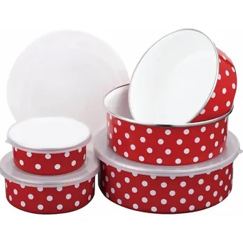 Retro smaltované misky s viečkami (sada 5 ks) – Červené s bodkami