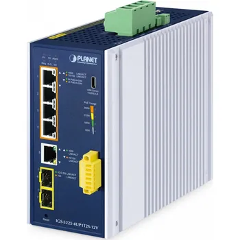 Switch PLANET Industrial L2+ 4-Port 10/100/1000T 802.3bt PoE + 1-Port 10/100/1000T + 2-Port 1G/2.5G SFP Managed Ethernet Switch w/12V Booster Řízený L2+ Gigabit Ethernet (10/100/1000) Podpora napájení po Ethernetu (PoE) Hliník, Modrá