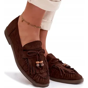 Dámské mokasíny Dámské mokasíny z eko semiše s třásněmi a korálky, čokoládové, velikost 41