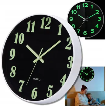 Hodiny ZEGAR ŚCIENNY FLUORESCENCYJNY VELKÉ TICHÉ SVÍTÍCÍ ČÍSLICE PODSVÍCENÉ 30CM