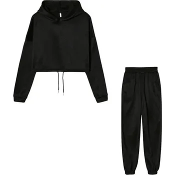 Dámská mikina Dámská souprava jednobarevná, tepláky a crop top mikina s kapucí, polyester černá M