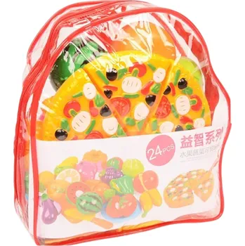 Dětská kuchyňka Sada 24 kuchyňských hraček pro děti s ovocem, zeleninou, dalšími potravinami, 6 plátky pizzy, nákupním batohem 21 x 7 x 23 cm, nožem, oboustranným prkýnkem a talířem