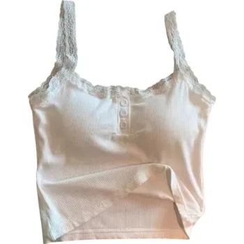 Dámské tílko Crop top Univerzální velikost Jednobarevné s krajkou a knoflíky Tenká ramínka Výstřih do O Polyester viskóza bílá