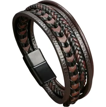 Náramek Vícevrstvý pánský náramek z PU kůže 21 cm, šířka 56-58 mm, stylový pletený design, módní doplněk pro každodenní nošení hnědá