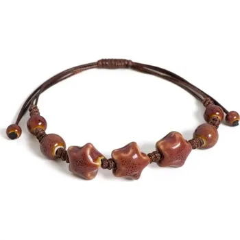 Náramek Unisex ručně vyráběný glazovaný keramický náramek s hvězdou, nastavitelný šňůrkový 12-24 cm, velikost korálku hvězdy 1,6 cm hnědá