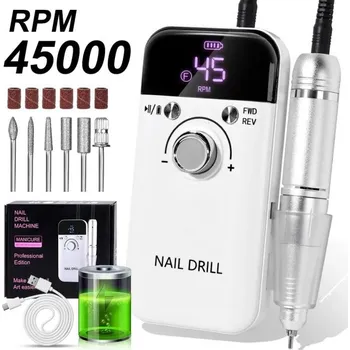 Bruska na nehty Profesionální 45000RPM elektrická přenosná bruska na nehty 15 x 14 x 7,1 cm Ultra tichá bez vibrací USB-C nabíjení LCD displej bílá