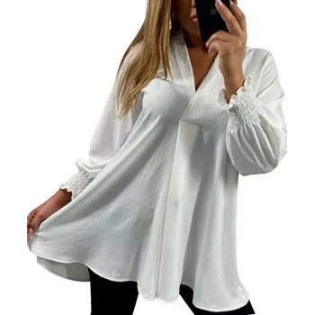 Dámská halenka B1117 ELEGANTNÍ VOLNÁ BLŮZA S ŘASENÝM RUKÁVEM BÍLÁ vel. 52 (6XL)