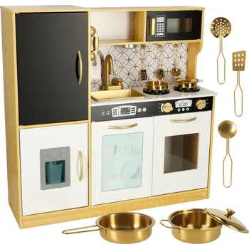 Dětská kuchyňka Tomido Dřevěná dětská kuchyňka ORO s lednicí a křídovou tabulí zlatá
