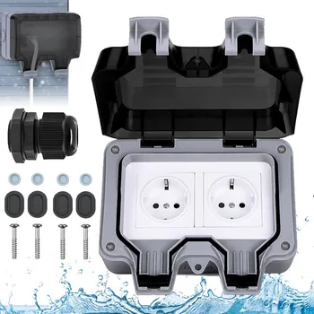 Elektrická zásuvka Dvojitá elektrická zásuvka šedá vodotěsná nástěnná
