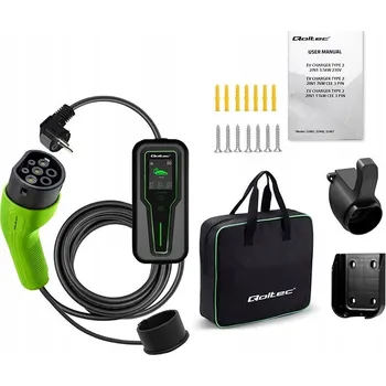 Nabíjecí stanice pro elektromobil Qoltec 52465 Mobile Nabíječka pro EV 2-in-1 Type2 s regulation | 3.5kW | 230V | LCD | Portable | Wallbox | 5m