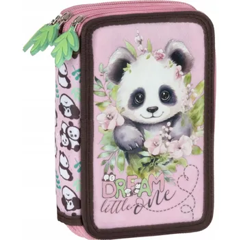 Penál Školní penál Backup s vybavením 3-komorový Panda, růžové květy