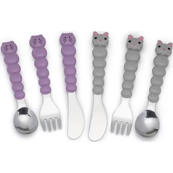 Příbor Dětský příbor Kočka/ Buldoček - fialový/ šedý - 6ks