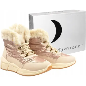 Dámská zimní obuv Dámské DÁMSKÉ KOTNÍKOVÉ BOTY na klínu, zimní boty, béžové, zlaté, POTOCKI vel. 39