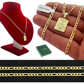 Řetízek ZLATÝ ŘETÍZEK FIGARO + VOJENSKÁ ZNÁMKA S GRAVÍROVÁNÍM 925/585 DÁREK 50 CM 4 MM