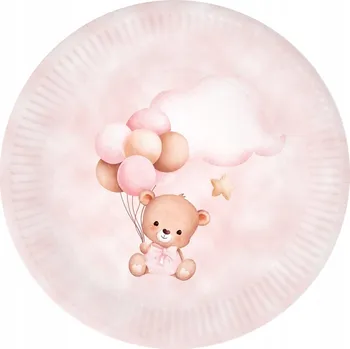 Party nádobí Papírové talířky růžové s medvídky a balónky 18 cm 6 Ks na oslavu 1. narozenin, baby shower