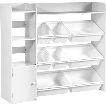 regál Regál na hračky, 4 patra, multifunkční, s 8 plastovými boxy