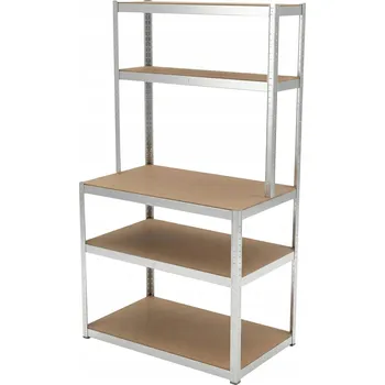 Dílenský regál Kovový regál zacvakávací s pracovní deskou, 5 polic, 180×100×60×30 cm, nosnost 875 kg, pozink