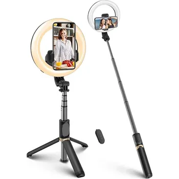 Selfie tyč Techsuit - Selfie tyč (Q07) - stabilní stativ s kruhovým selfie světlem, dálkové ovládání Bluetooth, 80 cm - černá barva