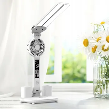Lampička Bílá LED stolní lampička s ventilátorem a držákem na telefon
