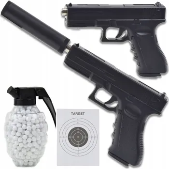 Dětská zbraň KOVOVÁ PISTOLE GLOCK S TLUMIČ NA KULIČKY, REPLIKA PUŠKA ASG + 800 KULIČEK DÁREK