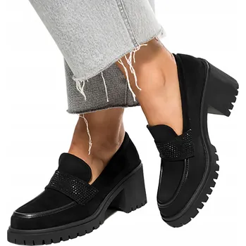 Dámské mokasíny Mokasíny Černé Dámské Na Širokém Podpatku OZDOBNÉ Pásek S Cirkony vel. 41