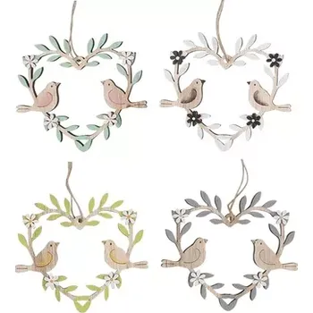 Maják Věneček 9,5cm srdíčko s ptáčky na zavěšení dřevěn mix