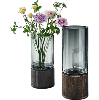 Váza Skleněná váza 25 x 12 cm Lehká luxusní retro váza na květiny s dřevěným podstavcem Tmavě šedé dekorativní sklo moderní bytová dekorace
