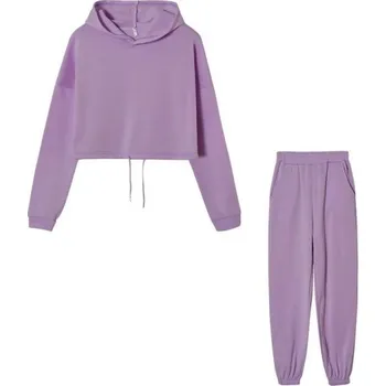 Dámská mikina Dámská souprava jednobarevná, tepláky a crop top mikina s kapucí, polyester fialová XXL