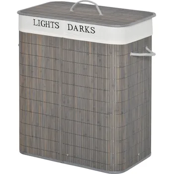 Koš na prádlo Koš na prádlo HOMCOM 100 l se třemi uchy, s omyvatelným sáčkem na prádlo, bambus, polyester, bavlna, kov, 52 x 32 x 63 cm, šedý
