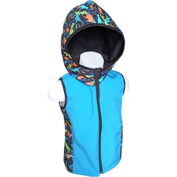 Chlapecká vesta AKCE Softshellová vesta s kapucí, DINO, modrá, vel. 104 (Celoroční dětská softshellová vesta pro chytré vrstvení)