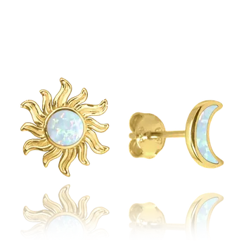 Souprava šperků MINET Pozlacené stříbrné náušnice SLUNCE a MĚSÍC s bílými opály