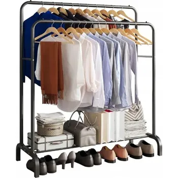 Věšák STOJÍCÍ VĚŠÁK NA OBLEČENÍ, BOTY, DVOJITÝ KOVOVÝ ČERNÝ LOFT