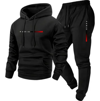 Pánská mikina Pánská souprava s mikinou a tepláky na tkaničku, jednobarevné s potiskem Paris, polyester černá XL