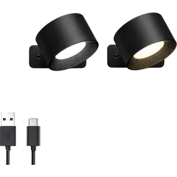Nástěnné svítidlo LED nástěnné světlo 7,5 x 4,5 cm s 2000mAh dobíjecí baterií, 360° rotace, dotykové ovládání, nastavitelná jasnost a 3 barevné teploty pro moderní interiéry černá
