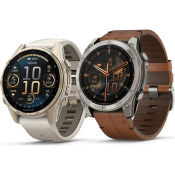 Hodinky Garmin Fénix 8 – 43 mm, AMOLED, Sapphire, Soft Gold / Limestone kožený řemínek + Fénix 8 - 51 mm, AMOLED, Sapphire, Titanium / Brown kožený řemínek Bundle