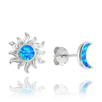 Souprava šperků MINET Stříbrné náušnice SLUNCE a MĚSÍC s modrými opály