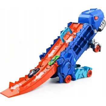 auto na autodráhu MEGA SADA TRANSPORTER S DINOSAUREM T-REX A ZÁVODNÍ DRÁHOU PRO 4 AUTÍČKA