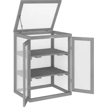 Skleník Outsunny 3-patrový skleník s chladicím rámem Skleník se 2 dveřmi ze dřeva a polykarbonátu odolný proti povětrnostním vlivům, nosnost až 15 kg na polici, tmavě šedý