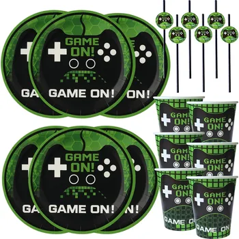 Talíř GAMINGOVÁ SADA Talíře Hrníčky Brčka Na Jedno Použití PIXEL Hráč GAMER pro 6 osob